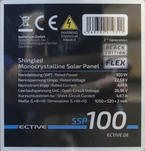 Halbflexibles monokristallines Solarpanel ECTIVE SSP 100W