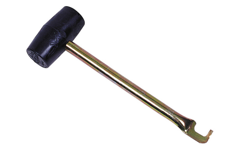 Rubber mallet with peg puller, steel handle