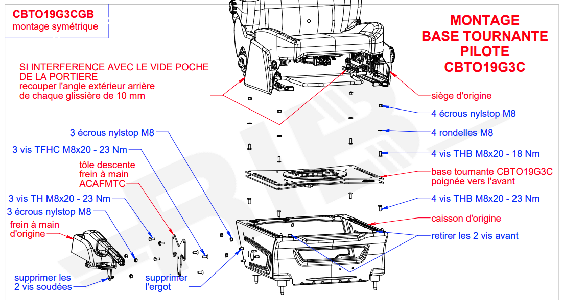 Base tournante SCOPEMA Ford Transit Van/Transit Custom 2014-2023 (Pilot) + plaque pour abaisser le frein à main ACAFMTC