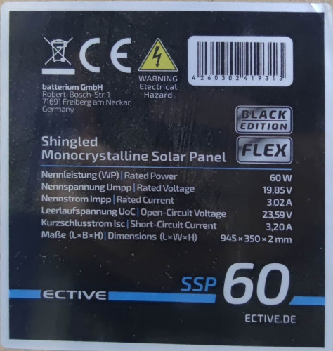 Halbflexibles monokristallines Solarpanel ECTIVE SSP 60W