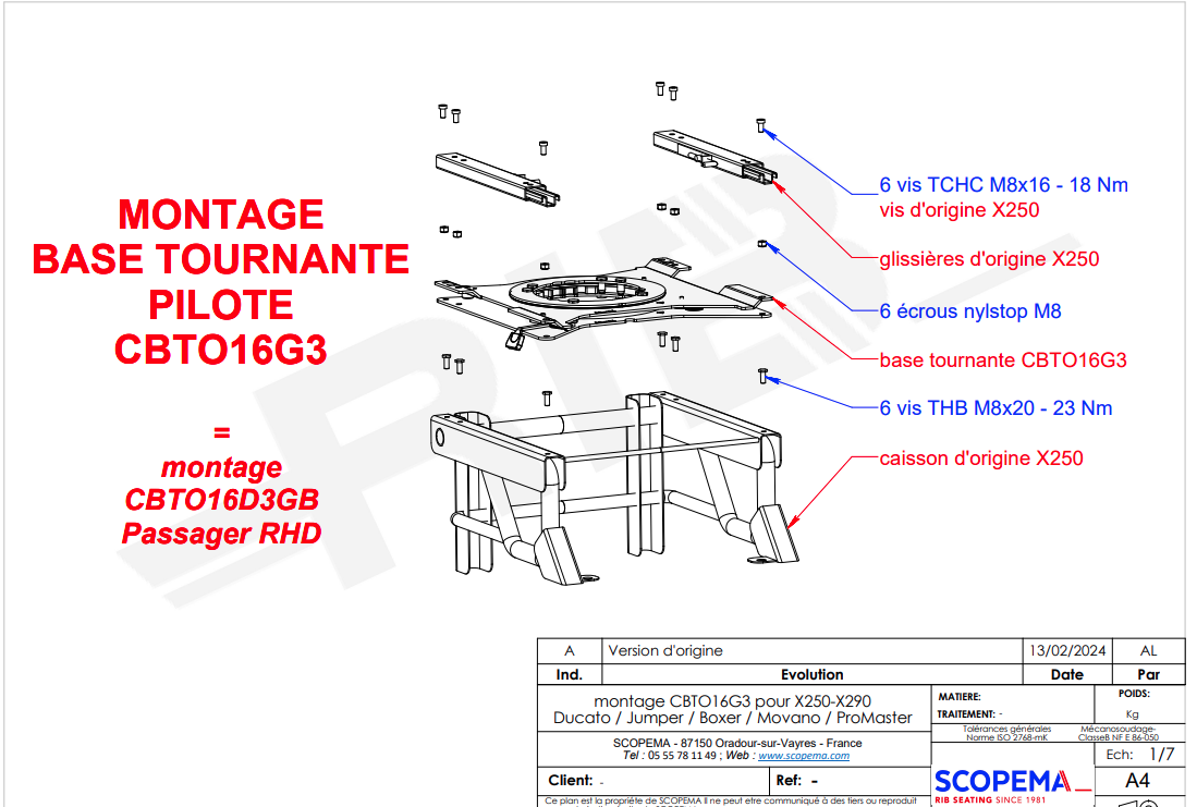 Embase pivotante SCOPEMA Ducato/Jumper/Boxer X250 à partir de 2007 (Copilote)