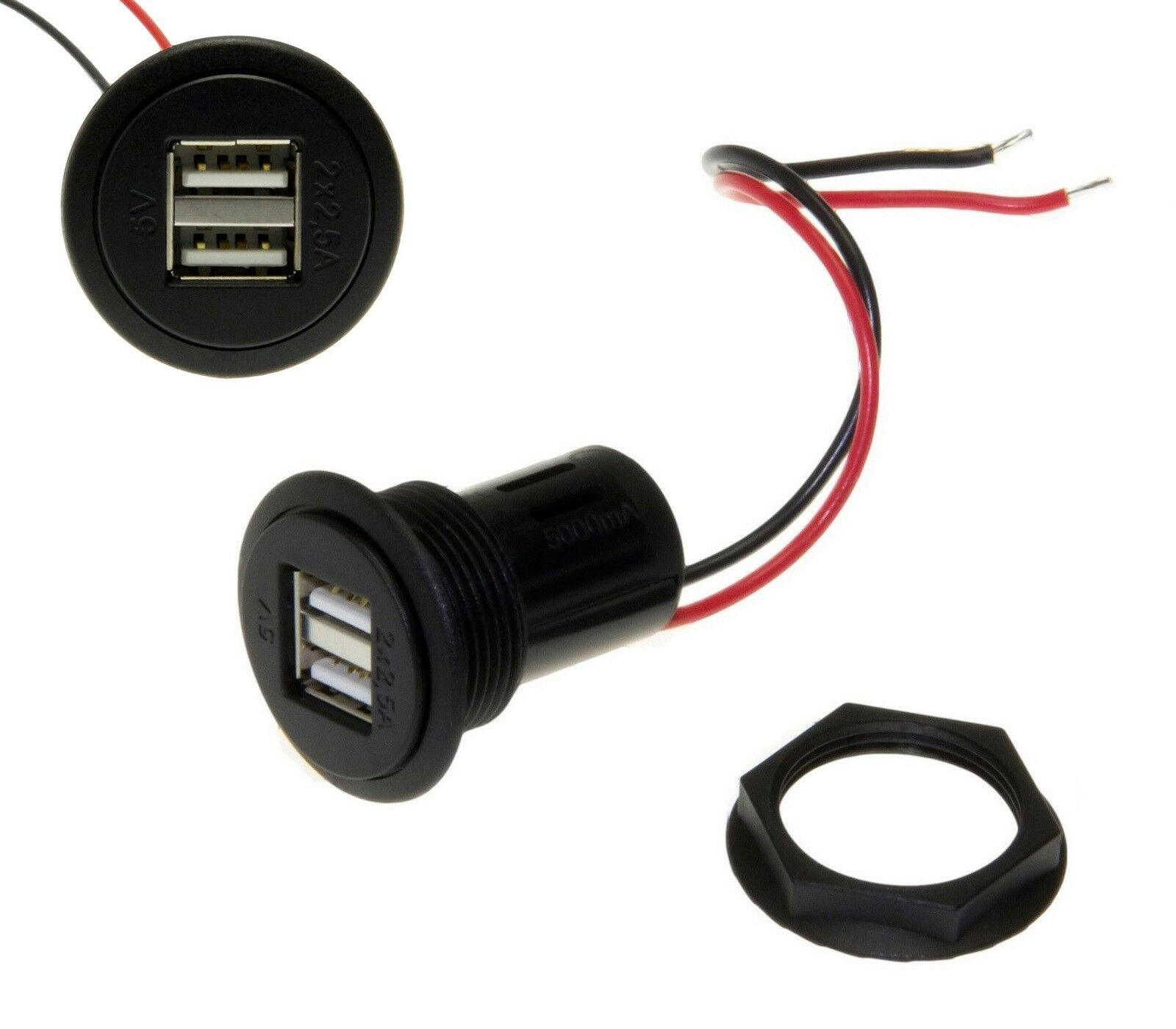 USB-Einbaudose 12/5V mit Doppel-USB 2x2,5A mit Montageplatte