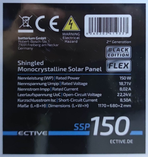 Halbflexibles monokristallines Solarpanel ECTIVE SSP 150W