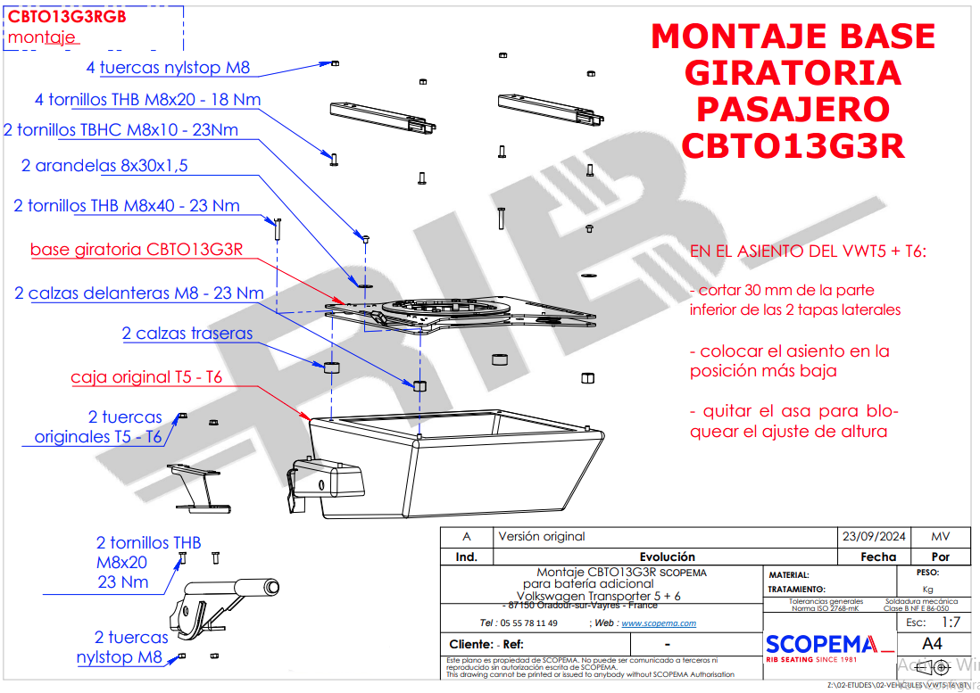 Drehbase RIB VW T5/T6/T6.1 Pilot (Batterie unter dem Sitz) + Handbremskit