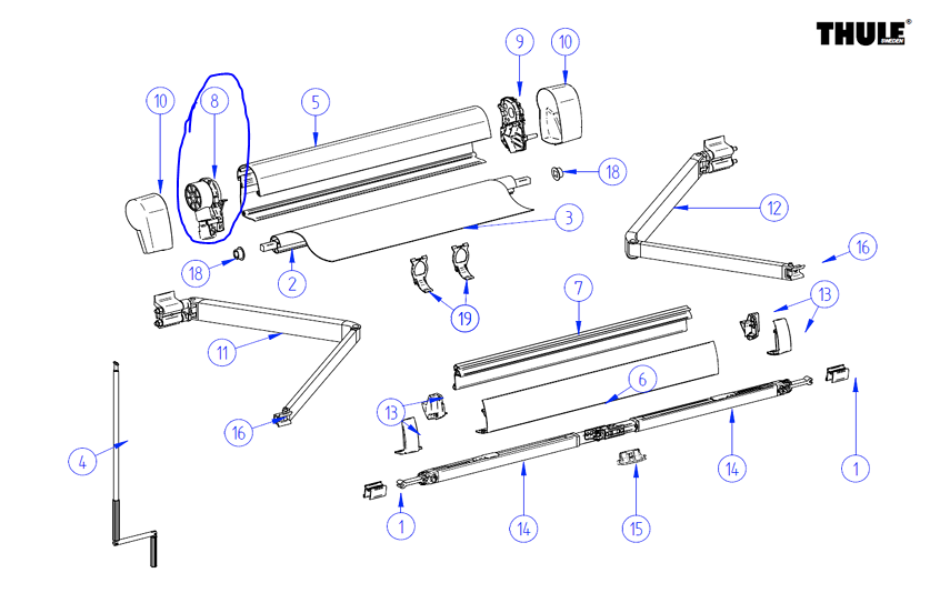 Turning mechanism for THULE 5102 awning (original VW California)