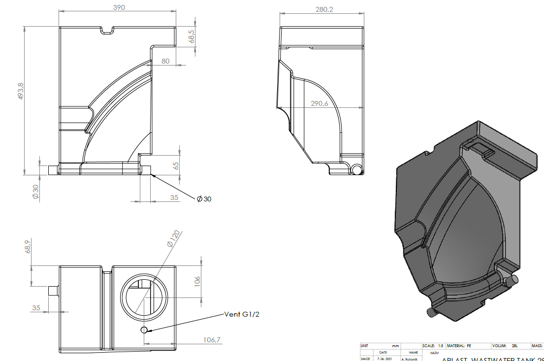 Frischwassertank speziell für VW T5/T6, 28 Liter